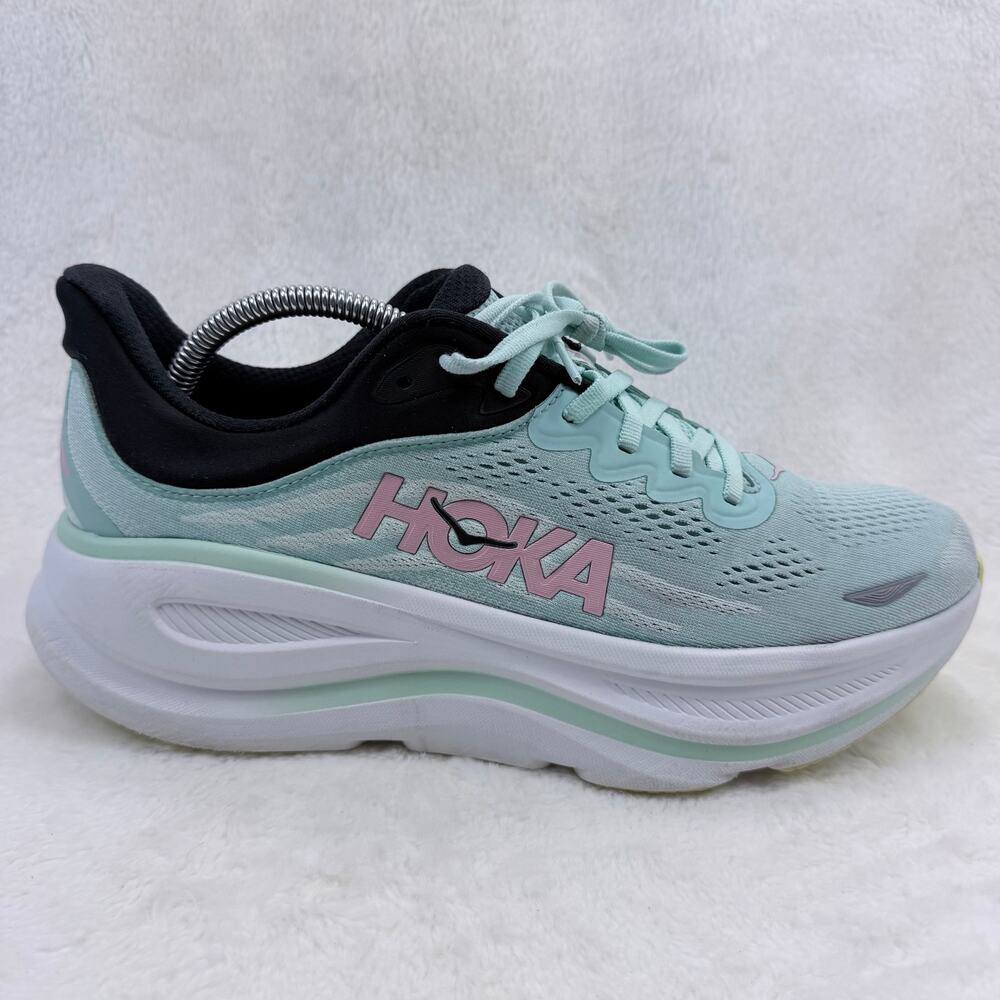HOKA Bondi 9 Womens Running Shoes Blue Spark Mint Fluorite Size 10.5 Cushioned